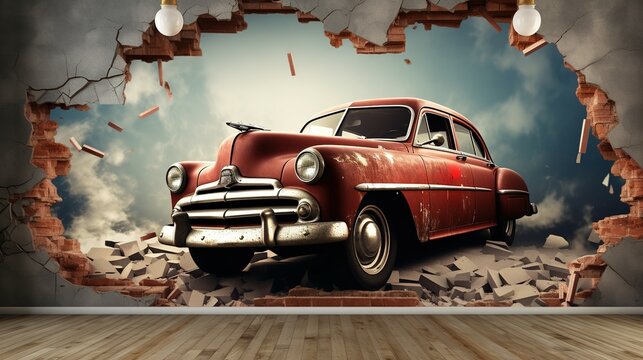 Fototapeta 3d wallpaper design with a classic car jumping out of broken graffinti wall