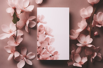 Spring greeting background. Leaf for congratulations on the background of cherry blossom branches.