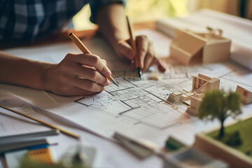 Architect's Blueprint: Crafting Dreams into Structure - A Visionary's Pen Transforms Ideas into the Framework of Home, Bridging Imagination and Reality with Precision and Purpose. - obrazy, fototapety, plakaty