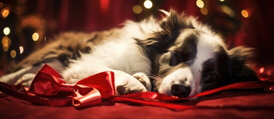 Christmas-celebrating border collie dog sleeps on festive red carpet, adorned with red ribbon.
