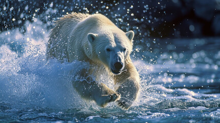 polar bear running at ice river