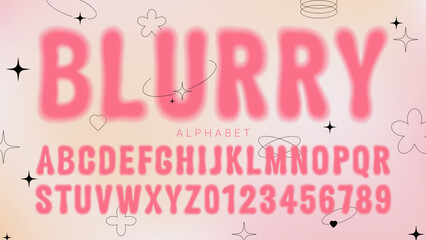 Blurry retro style font alphabet. Letters and numbers in Y2K style. Elements for social media, web design, posters, collages, covers, banners. Vector illustration with soft design alphabet of 1990s. - obrazy, fototapety, plakaty