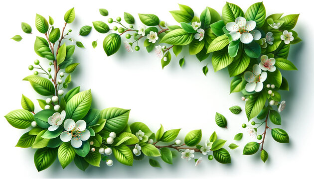 Banner background made of green leaves and flowers, spring backdrop, postcard, space for text, banner design
