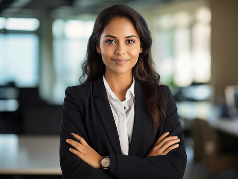 Hispanic smiling toothy Latino Indian successful confident Arabian businesswoman worker lady boss female leader girl business woman posing crossed hands looking at camera in office corporate portrait 