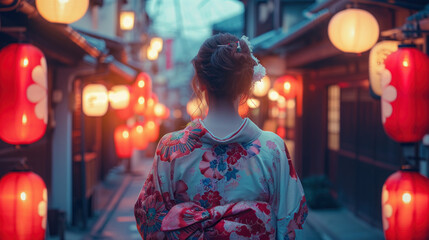 teen woman in kimono at festival on evening with copy space - obrazy, fototapety, plakaty
