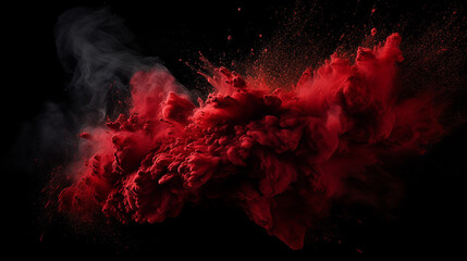 black background with red abstract powder explosion - obrazy, fototapety, plakaty