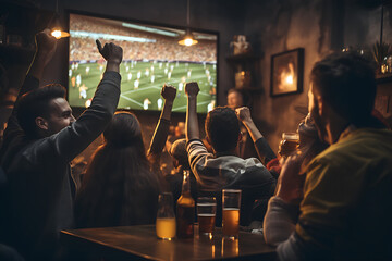 back, rear view of Group of young friends drinking beer watching football on tv screen at sports bar. people watching a match in a sports bar. fans watching a game in pub, celebrate goal  - obrazy, fototapety, plakaty