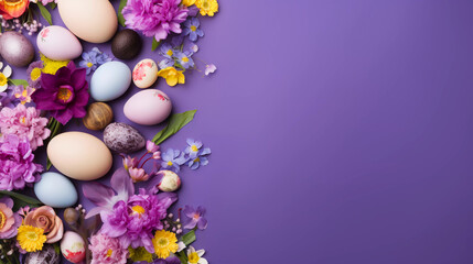 Lots of flowers and colorful Easter eggs on a purple background with copy space 