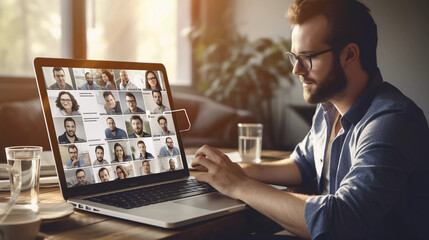 Man having an online meeting on his laptop  - obrazy, fototapety, plakaty