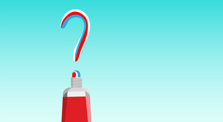 Colored tube of toothpaste with squeezed out, striped, multi-colored toothpaste for dental care in the shape of a question mark, on a blue gradient background. Copy space.