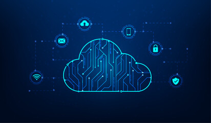 cloud computing information technology circuit with icon on blue background. data storage service online. cloud network transfer connection. vector illustration hi-tech line and dot concept.