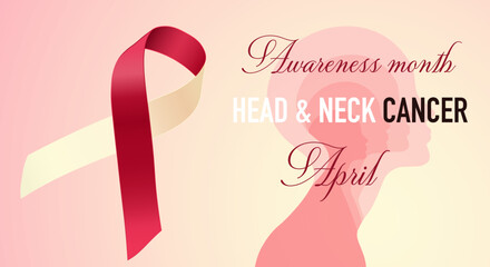 Head and Neck Cancer Awareness Calligraphy Poster Design. Realistic Burgundy and Ivory Ribbon. April is Cancer Awareness Month. Vector