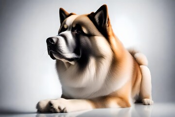 Large fluffy American Akita dog on white background in studio light. worth it. the exterior is visible