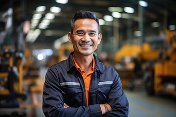 Fototapeta premium Portrait of a happy Asian male factory worker