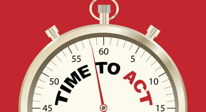 Time to act, concept clock with a secujlmer and a red arrow. Red background. Copy space.