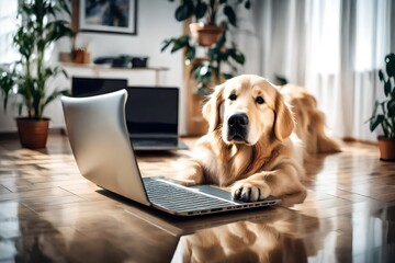 cute golden retriever lying on floor with laptop in apartment