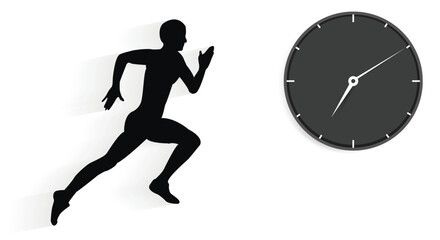 Be ahead of your time, a black silhouette of a running man and a black watch with a dial and hands on a white background. Copy space. - obrazy, fototapety, plakaty