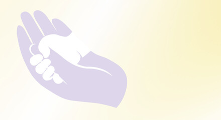 Female Hand, Mom holds the hand of a newborn baby on a gradient background. The concept of tenderness, love, caring for little children. Mothers Day. Copy space.