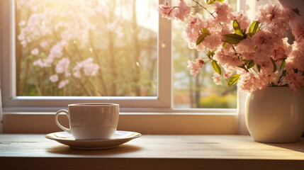 Cup of hot tea and spring home interior, good morning concept