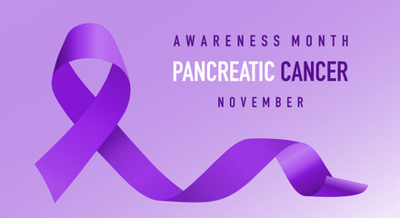 Awareness month for pancreatic cancer banner vector template. Medical disease solidarity campaign. Oncological sickness prevention poster layout. Purple ribbon realistic illustration with typography.