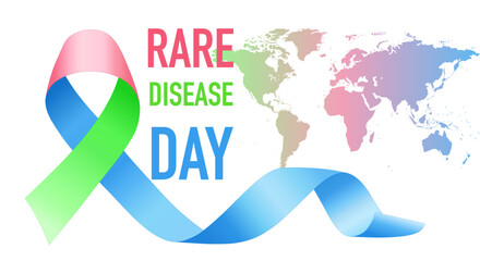 Three-color ribbon for the world rare disease day on 28 of February. On a world map background. - obrazy, fototapety, plakaty