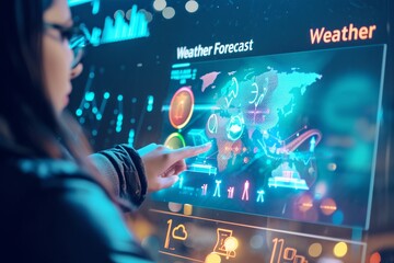 Interactive Weather Forecast Technology Interface.
Person using an advanced touch interface to navigate a futuristic weather forecast.  - obrazy, fototapety, plakaty