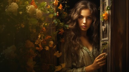 A beautiful long-haired brunette looks at the camera through an ajar wooden door entwined with a plant and flowers.