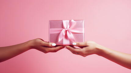 Woman gives a gift to another Woman on a pink background