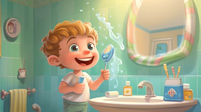 Cheerful baby boy depicted in a bathroom drawing, showcasing the joy and cleanliness of a delightful bath time.