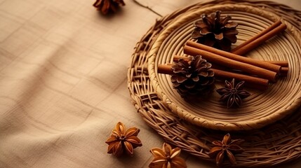 Autumn Mood Concept Top View Photo of Cinnamon Sticks, Anise, and More on Beige Background with Empty Space for Festive Decoration