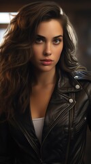 The beautiful girl in a leather jacket exudes style and femininity with her long dark hair, creating a chic and youthful look.