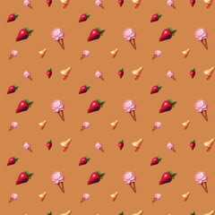 Pink strawberry ice cream pattern on pastel blue background. Summer minimalism. Isometric flat lay.