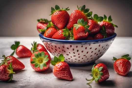 Fresh ripe delicious strawberries in ceramic bowl
