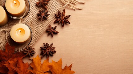 Fototapeta na wymiar Autumn Mood Concept Top View Photo of Cinnamon Sticks, Anise, and More on Beige Background with Empty Space for Festive Decoration