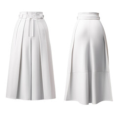 Illustration of a chic white pleated midi skirt from front and back on a transparent background. - obrazy, fototapety, plakaty