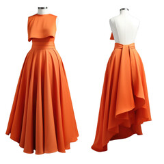 Modern orange pleated dress from front and back on a mannequin on a transparent background. - obrazy, fototapety, plakaty