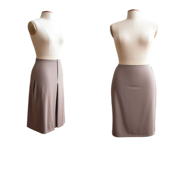 Illustration of a chic grey pleated midi skirt from front and side on a mannequin on a transparent background.