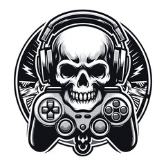 Skull gaming with joy stick emblem modern style vector illustration on white background 