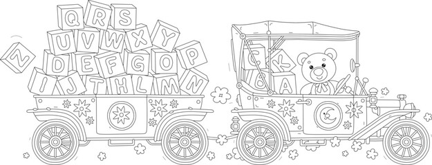 Teddy bear driving a funny decorated retro car and a trailer full of baby cubes with letters of English alphabet, black and white vector cartoon illustration for a coloring book