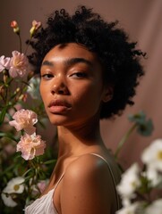 Naklejka premium Touching portrait emphasizing the tranquility of a woman alongside the pale beauty of gentle flowers