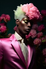 Male model in a pink suit with whimsical cotton candy-inspired hair in a floral setting