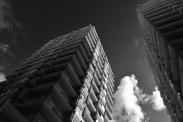 Black and white image of modern apartment building in Las Palmas de Gran Canaria - obrazy, fototapety, plakaty