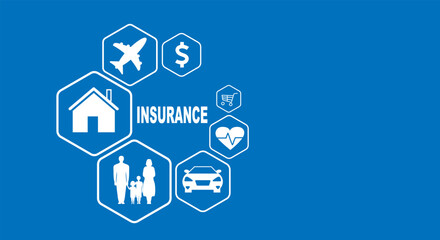 Liability insurance consisting of icons on a blue background. Business background - obrazy, fototapety, plakaty