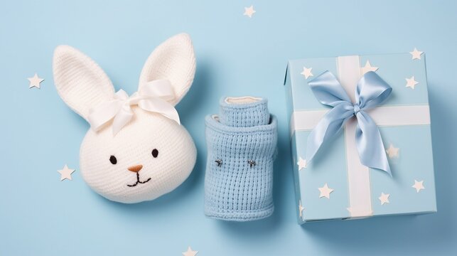 Wholesome Baby Accessories Concept: Top View Photo of Teether, Bunny, and More on Pastel Blue Background - Joyful Parenting and Childhood Moments.