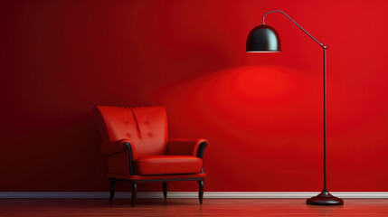 Red wall and floor lamp. Background. Interior Design