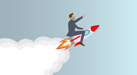 Successful happy businessman flying on rocket to goal. Leadership, start-up, growth and opportunity vector business cartoon concept