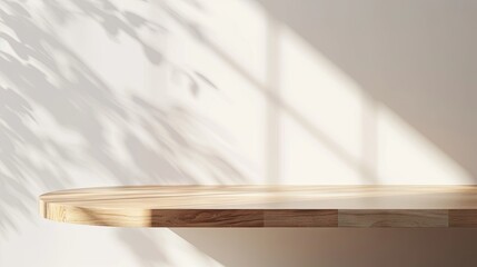 empty Wooden table with shadow planton beige wall, showcases a minimalist interior design. It's perfect for promoting home decor, eco-friendly products, or adding a touch of nature to any project.