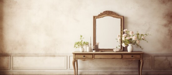 Light room with wooden carved dressing table and blank frame.