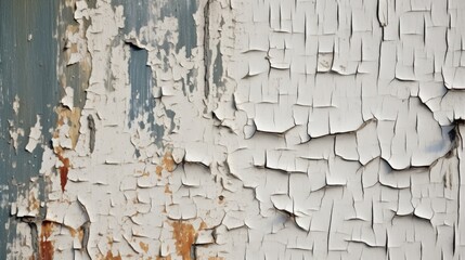A close up of peeling paint on a wooden wall - a detailed shot of weathered paint on wood, ideal for backgrounds, textures, interior design concepts, or distressed vintage aesthetics.
