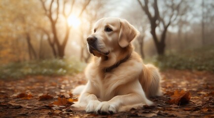 a golden retriever sitting in the woods with leaves on the ground